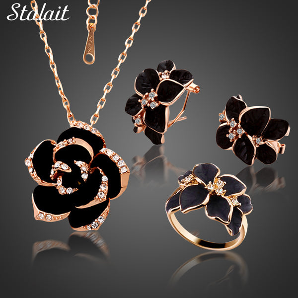 Fashion Rose Flower Enamel Jewelry Set Rose Gold Color Black Painting Bridal Jewelry Sets for Women Wedding 82606