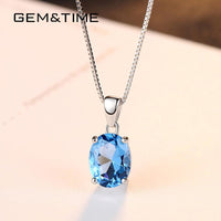 Gem&Time Elegant Blue Topaz Oval Shape Pendant Necklace For Women 925 Sterling Silver Choker Necklace For Women Collares Mujer