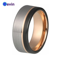 Mens Womens Wedding Band Tungsten Carbide Ring Black Rose Gold With Offset Groove And Brush Finish