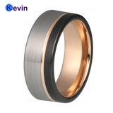 Mens Womens Wedding Band Tungsten Carbide Ring Black Rose Gold With Offset Groove And Brush Finish