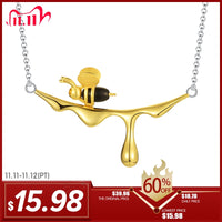 Lotus Fun 18K Gold Bee and Dripping Honey Pendant Necklace Real 925 Sterling Silver Handmade Designer Fine Jewelry for Women