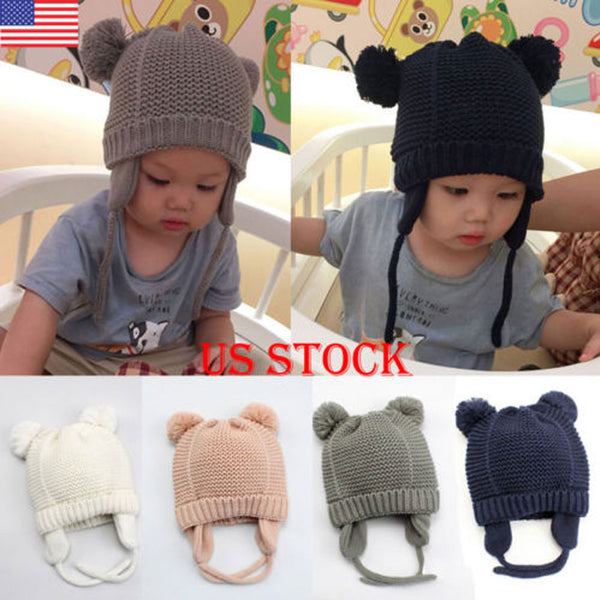 US New Winter Baby Kids Girls Boys Warm Woolen Coif Hood Scarf Caps Hats