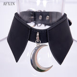 Gothic Punk Choker Women Pu Leather Necklace Moon Pendant Collier Club Party Short Goth Jewelry Charm Rock Turn Down Collar Belt