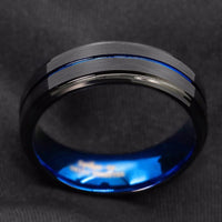 Titanium Ring For Men.Surface Black Blue Groove Inside Blue Face Stainless Steel Ring.Highlight Man Temperament Light Luxury