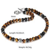 8mm Natural Tiger Eyes Stone Lava Bead Necklace for Women Men 18-20inch Link Chain Stainless Steel Bead Charm Necklace LTNB002