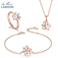 LAMOON  Bear's Paw Sterling Silver 925 Jewelry Sets Gemstone Rose Quartz S925 18K Rose Gold Plated Fine Jewelry For Women V035-1