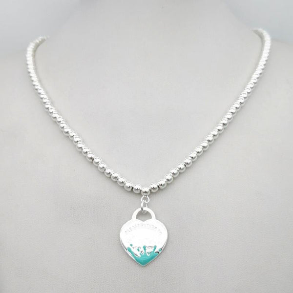 1: 1 sterling silver 925 classic exclusive blue splash enamel heart-shaped lady 4mm round bead necklace jewelry