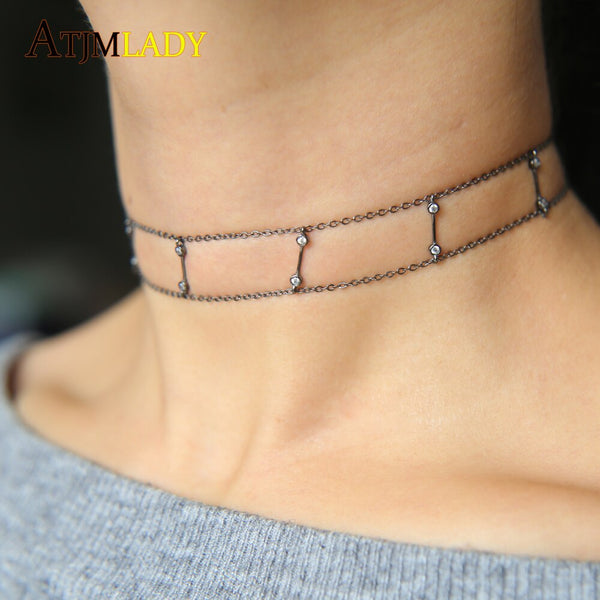 high quality Collier Collares Dainty Delicate Thin Chain Double Chocker 925 Sterling silver Cz Bar Choker Women Necklace