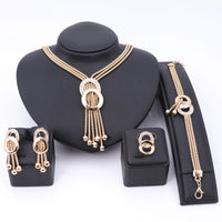 African Jewelry Sets Women Wedding Gold Color Crystal Tassel Necklace Fashion Bridal Ring Bracelet Earrings Accessories