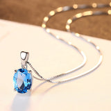 Gem&Time Elegant Blue Topaz Oval Shape Pendant Necklace For Women 925 Sterling Silver Choker Necklace For Women Collares Mujer