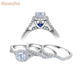 Newshe 3 Pcs Wedding Rings for Women Solid 925 Sterling Silver 1.3 Ct AAA CZ Blue Crystal Engagement Ring Set Trendy Jewelry