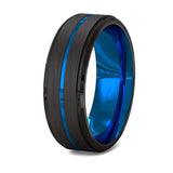 FDLK  Men's fashion 8MM Black Brushed Ladder Edge Stainless Steel Ring Blue Groove Men Wedding Ring Gifts For Men