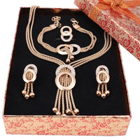 African Jewelry Sets Women Wedding Gold Color Crystal Tassel Necklace Fashion Bridal Ring Bracelet Earrings Accessories