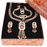 African Jewelry Sets Women Wedding Gold Color Crystal Tassel Necklace Fashion Bridal Ring Bracelet Earrings Accessories