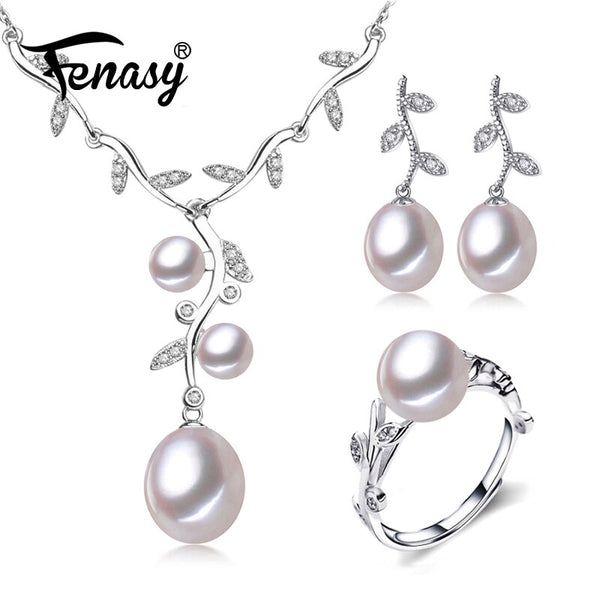 FENASY Natural Freshwater Pearl Jewelry Sets 925 Sterling Silver Pendant Necklaces For Women Wedding Drop Earrings Ring Set