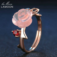 LAMOON Flower Rose Sterling Silver 925 Jewelry Sets Rose Quartz Gemstones 18K Rose Gold Plated Fine Jewelry silver set V033-1