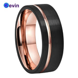 Mens Womens Wedding Band Tungsten Carbide Ring Black Rose Gold With Offset Groove And Brush Finish