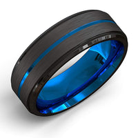 FDLK  Men's fashion 8MM Black Brushed Ladder Edge Stainless Steel Ring Blue Groove Men Wedding Ring Gifts For Men