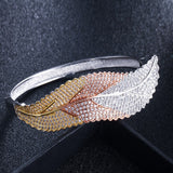 CWWZircons 3 Tones Rose Gold and Silver Color Leaf Shape Big Micro Pave Cubic Zirconia Luxury Open Cuff Bangle for Women BG016