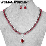 WEIMANJINGDIAN Elegant Blue / Green / Red / Clear Halo Teardrop Cubic Zirconia Necklace and Earring Bridal Jewelry Set