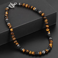 8mm Natural Tiger Eyes Stone Lava Bead Necklace for Women Men 18-20inch Link Chain Stainless Steel Bead Charm Necklace LTNB002