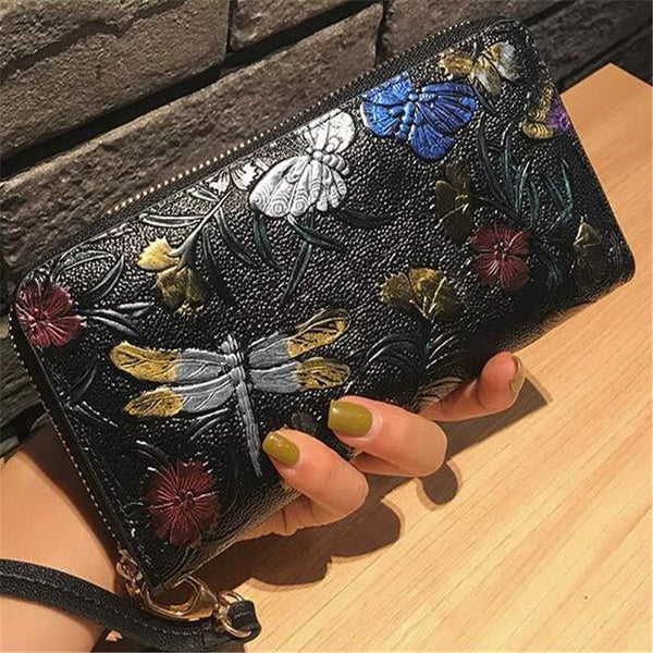 Women Long Wallet PU Leather 3D Embossing Rose Dragonfly Butterfly Clutch Women Bag Large Capability Zipper luxury Hangbags