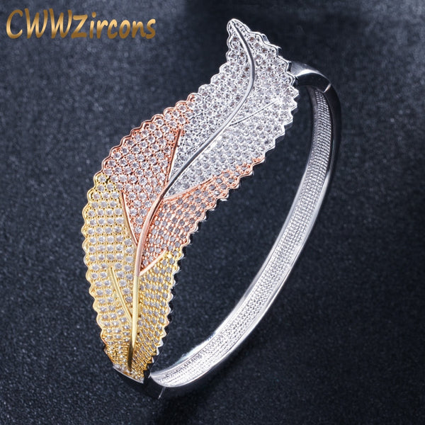 CWWZircons 3 Tones Rose Gold and Silver Color Leaf Shape Big Micro Pave Cubic Zirconia Luxury Open Cuff Bangle for Women BG016