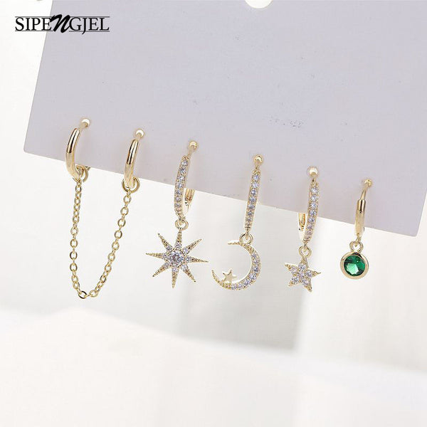 SIPENGJEL Fashion Zircons Star Moon Small Hoop Earrings Gold 6 pcs sets of Earring For Women 2021 Trend Jewelry kolczyki damskie