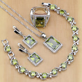 Square 925 Sterling Silver Jewelry Olive Green Cubic zirconia Jewelry Sets For Women Earrings/Pendant/Necklace/Rings/Bracelet