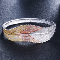 CWWZircons 3 Tones Rose Gold and Silver Color Leaf Shape Big Micro Pave Cubic Zirconia Luxury Open Cuff Bangle for Women BG016