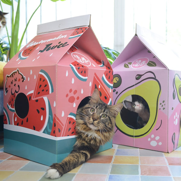 [MPK Store] Japanese Cute Juice Box House Cat Bed Cat Scratch Board, Cat Sofa, Cat Toy