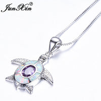 JUNXIN White Fire Opal Turtle Necklace For Women Silver Color Pendant Necklace Luxury Animal Jewelry Accessories