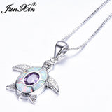 JUNXIN White Fire Opal Turtle Necklace For Women Silver Color Pendant Necklace Luxury Animal Jewelry Accessories