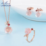 LAMOON Flower Rose Sterling Silver 925 Jewelry Sets Rose Quartz Gemstones 18K Rose Gold Plated Fine Jewelry silver set V033-1