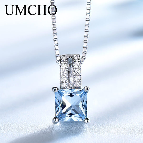 UMCHO Gemstone Nano Sky Blue Topaz Pendants 25 Sterling Silver Necklaces Engagement Wedding Necklace For Women With Chain 2019