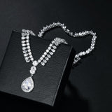 WEIMANJINGDIAN Elegant Blue / Green / Red / Clear Halo Teardrop Cubic Zirconia Necklace and Earring Bridal Jewelry Set