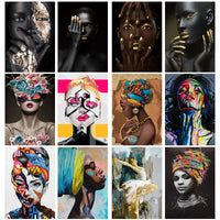 African Graffiti Black and Gold Woman Canvas Painting Cuadros Posters and Prints Wall Art Pictures for Living Room Unframed