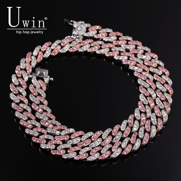 Uwin White &Pink CZ Iced Out 9mm Cuban Chian Choker Women Necklace Rose Gold Metal Men HipHop Jewelry For Gift