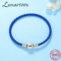 Sterling Silver 925 Navy Blue Braided charms Genuine Leather Bracelet Buckle Weave charm for jewelry Making