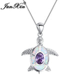 JUNXIN White Fire Opal Turtle Necklace For Women Silver Color Pendant Necklace Luxury Animal Jewelry Accessories