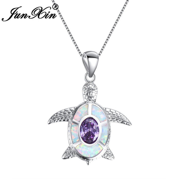 JUNXIN White Fire Opal Turtle Necklace For Women Silver Color Pendant Necklace Luxury Animal Jewelry Accessories