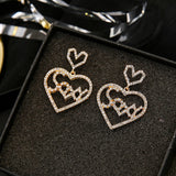 LATS New Heart Earrings Women's Luxurious Geometric Full Rhinestone Earrings Korean Gold/Silver Color Love 2020 Fashion Jewelry