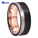 Mens Womens Wedding Band Tungsten Carbide Ring Black Rose Gold With Offset Groove And Brush Finish