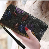 Women Long Wallet PU Leather 3D Embossing Rose Dragonfly Butterfly Clutch Women Bag Large Capability Zipper luxury Hangbags