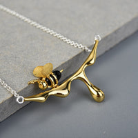 Lotus Fun 18K Gold Bee and Dripping Honey Pendant Necklace Real 925 Sterling Silver Handmade Designer Fine Jewelry for Women