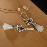 Uglyless Buddhistic Holy Hollow Lotus Earrings Women Natural Jade Rose Flower Drop Earrings Solid 925 Thai Silver Brincos E1332