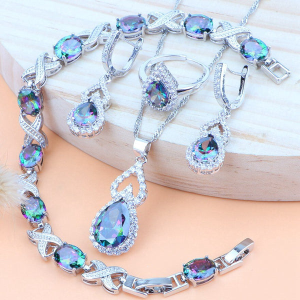 Cubic Zirconia 925 Sterling Silver Women Costume Bridal Jewelry Sets Wedding Necklace Bracelet Rings Earring Pendant Jewelry Set