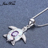 JUNXIN White Fire Opal Turtle Necklace For Women Silver Color Pendant Necklace Luxury Animal Jewelry Accessories