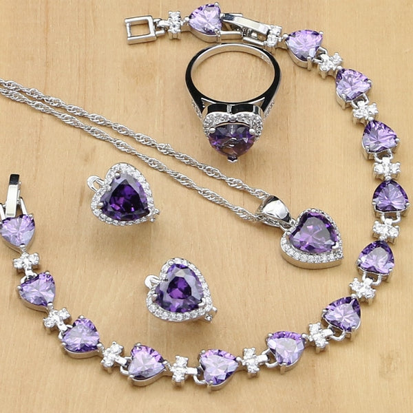 925 Silver Jewelry Sets Purple Cubic Zirconia White Crystal For Women Natural  Earrings/Pendant/Rings/Bracelet/Necklace Set