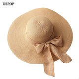 Sun Hats Hand Made Straw Hat Female Ribbon Bow-knot Wide Brim Beach Hat